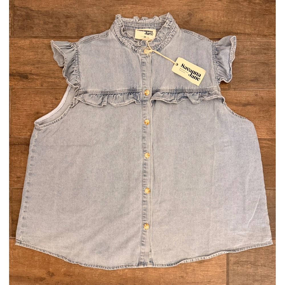 Savanna Jane Womens 3X Light Wash Denim Ruffle Sleeveless Button Down Top